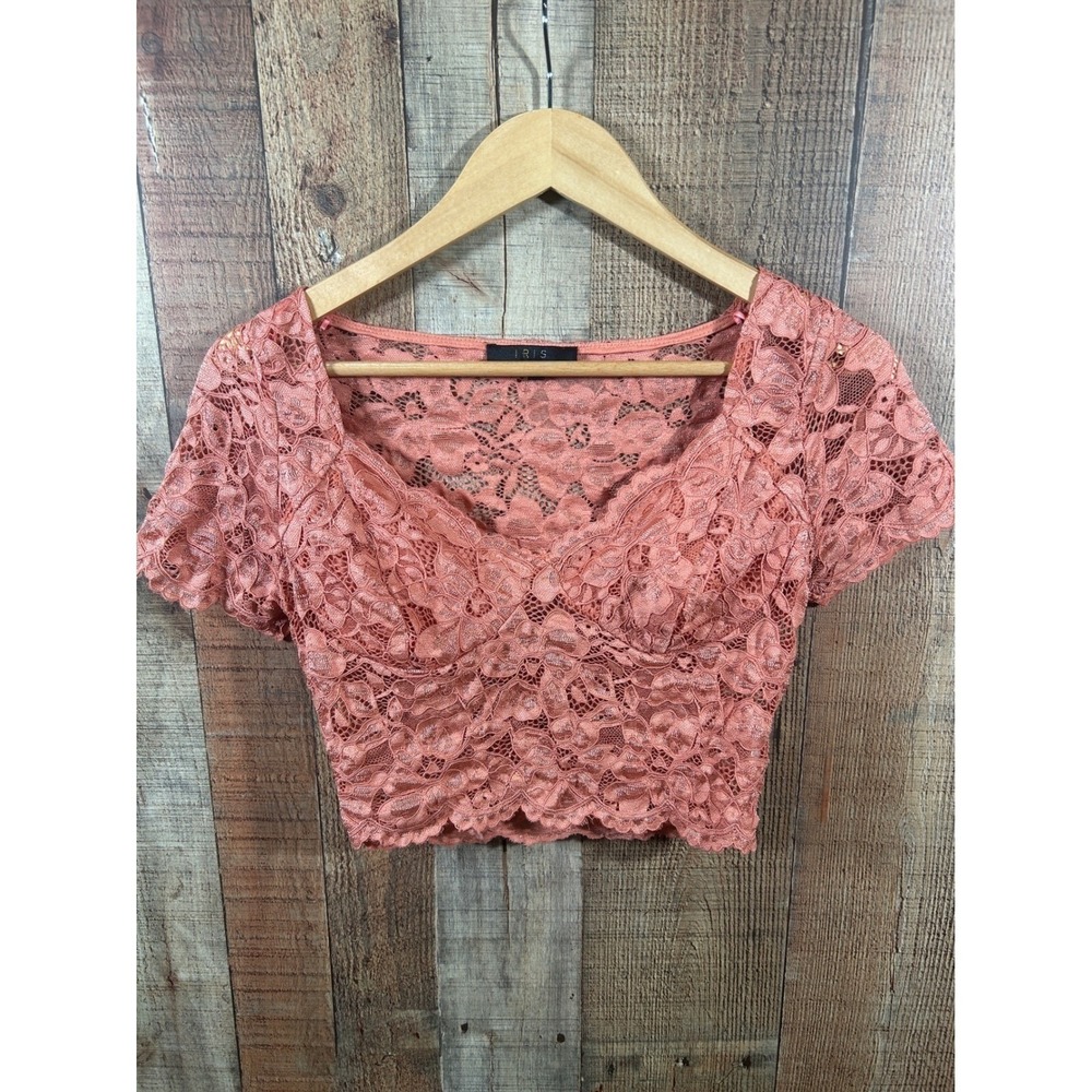 Iris Coral Floral Lace Crop Top V Neck Short Sleeve Coquette Medium Y2K Romantic